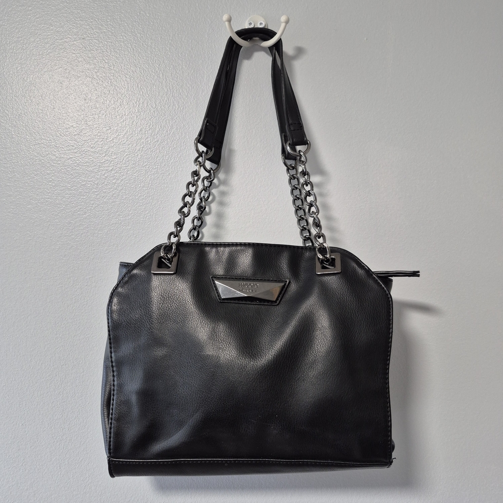Nicole Miller Black Pink Metallic Chain Strap Shoulder Bag Multipocket Zip Close